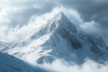 Imposing snow-covered mountain ridge surrounded by swirling clouds in a stormy winter scene