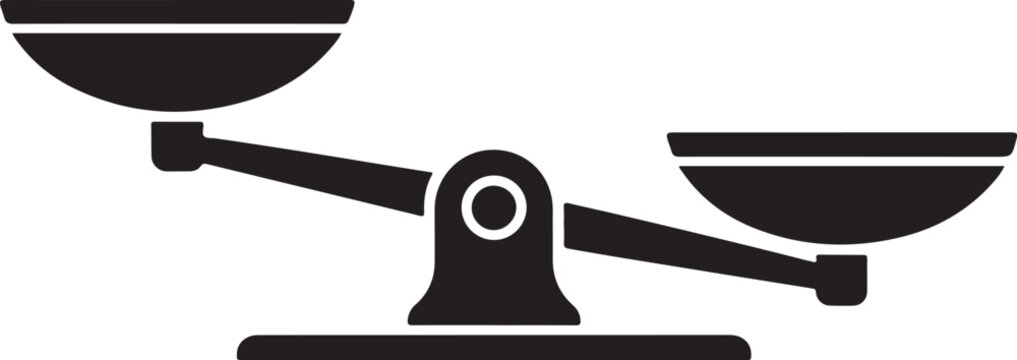 Black silhouette of a balance scale with empty pans tilted to the left on a white background