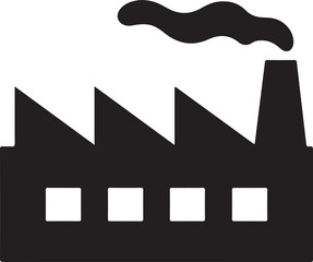 Black silhouette of a factory building with smoke coming from a chimney and rectangular windows