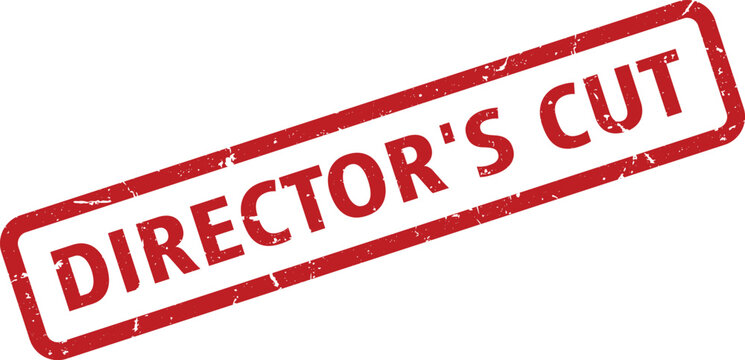 Director's Cut Red Distressed Rubber Stamp on White Background, Angled Cinematic Branding
