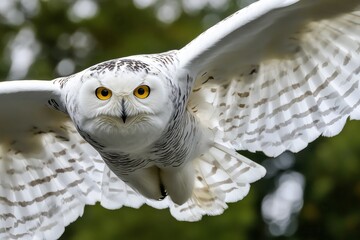 Close-up of a snowy owl with piercing yellow eyes and spread wings against a blurred green background