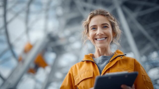 Cheerful Engineer: A smiling engineer, equipped with a digital tablet, exudes confidence while standing before a vast structure. She embodies intelligence, dedication.
