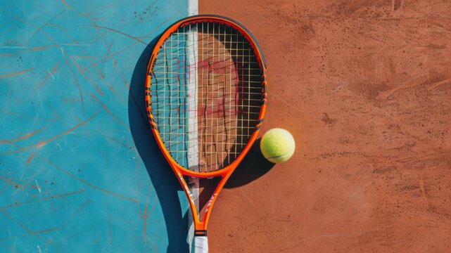 Video A tennis racket and tennis ball on a tennis court, ideal for sports or fitness ry