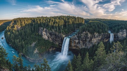 Lush forest surrounding a river with waterfalls, scenic landscape, and rocky cliffs under a partly cloudy sky.