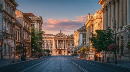 Fototapeta premium A street view shows tall buildings on either side. The sun sets in the background, illuminating the court house in front. Flowers and trees line the street, with no cars around
