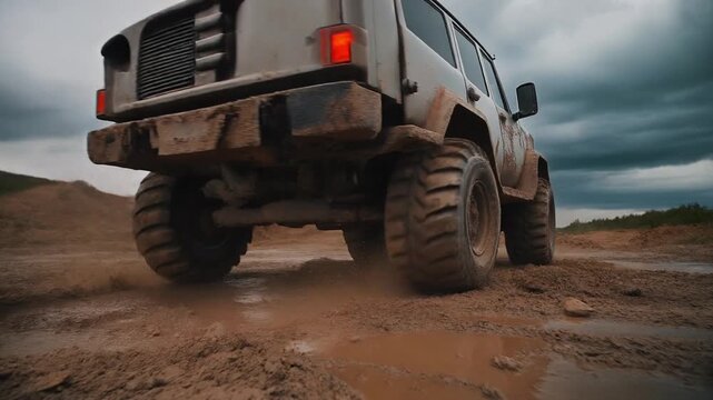 An isolated old green military 4x4 off road vehicle with heavy tires and powerful construction equipment features