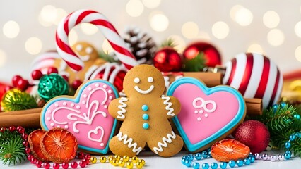Festive gingerbread man and heart cookies with candy cane and colorful christmas ornaments