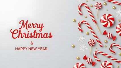 A festive background with candy canes, sweets, and snowflakes for christmas and new year