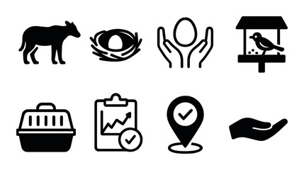 Animal protection icons: dog, nest, egg, bird, carrier, chart, location, hand