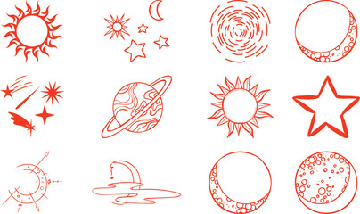 Collection of Red Line Art Celestial Icons: Suns, Moons, Stars, and Planets