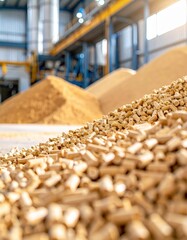A modern biomass facility with stacks of wood pellets in an industrial setting.
