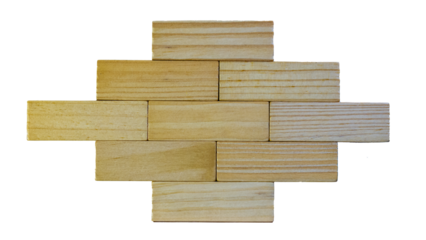 Rectangular blocks of natural wood arranged in a geometric pattern on a clean white background. Abstract design, balance, teamwork, education, and a creative concept for design and learning.