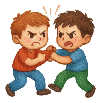 Two angry boys arguing and pulling each other&rsquo;s clothes, illustrated in soft colored-pencil style. Emotional children&rsquo;s scene on a transparent background.