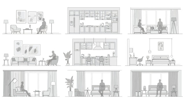 Set of detailed architectural line drawings featuring various interior living room and kitchen scenes with people for floor plan and interior design projects