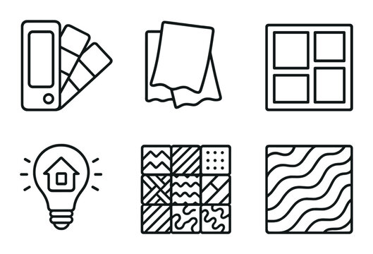 Interior design icons featuring color swatches, fabric samples, and patterned tiles