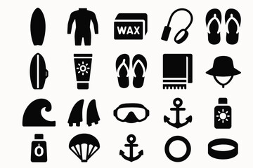 Surfing gear icons: board, wetsuit, wax, sun protection, footwear.