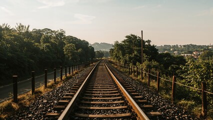 Obraz premium Railroad tracks extending into the distance with trees on both sides and a partly cloudy sky.