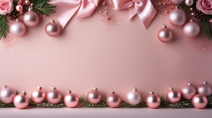 Pink Christmas ornaments and pine needles on a pink background for greeting card