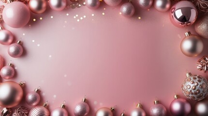 Pink and rose gold Christmas ornaments on a solid background for holiday design