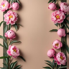 Pink peonies and green leaves digital illustration for greeting card design