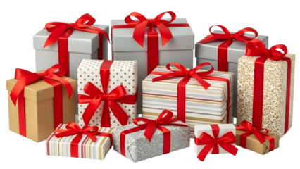 A collection of beautifully wrapped gifts tied with red ribbons