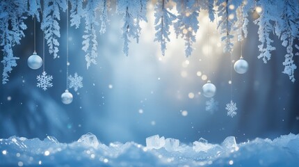 Winter scene digital illustration with frosted branches and ornaments for greeting card