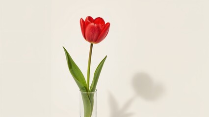 Obraz premium Red tulip in a glass vase with green leaves and stem, casting a shadow on a light background.