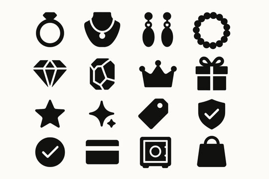 Jewelry icons set: rings, necklaces, gems and more.