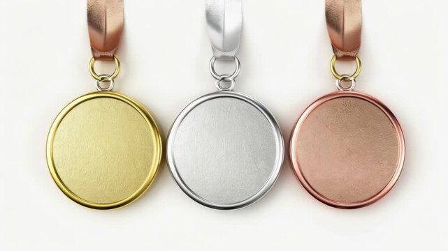 Video A collection of three distinct color medals displayed on a white surface