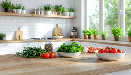 Organized Kitchen Counter with Neatly Spaced Fresh Ingredients in High-Clarity Layout