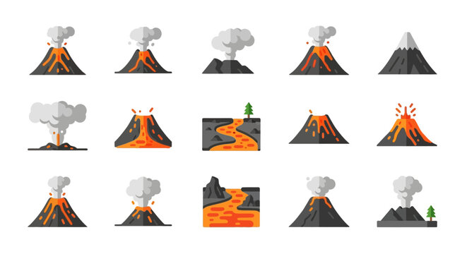 Volcano Eruption Icons Set - Illustrating Volcanic Activity and Geological Formations.