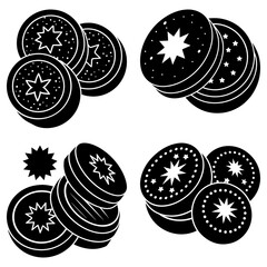 Stacks of black circular coins with white star and dot patterns on white background