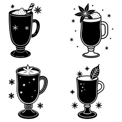 Four mugs of hot chocolate with whipped cream and toppings on white background star anise cinnamon stick