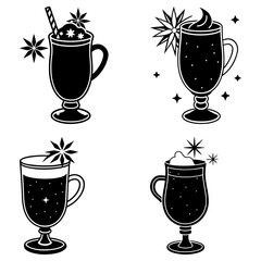 Four mugs of hot chocolate with stars and steam on transparent background drink beverage