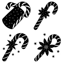 Four Candy Canes with Stars and Floral on White Background striped black and white