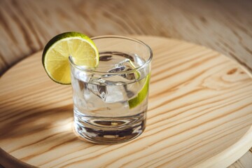 a glass of tequila with a slice of lime.