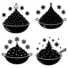 Four Black Silhouette Bowls with Festive Patterns and Snowflakes on White Background