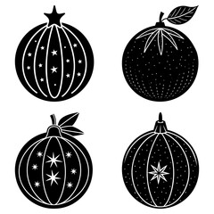 Four Black and White Pumpkin Silhouettes with Star Patterns on Transparent Background stars