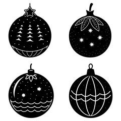 Four Black Christmas Ornaments with White Winter Scenes on Transparent Background