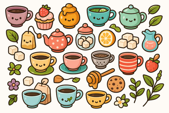 Charming tea time objects and sweets with cute cartoon faces.
