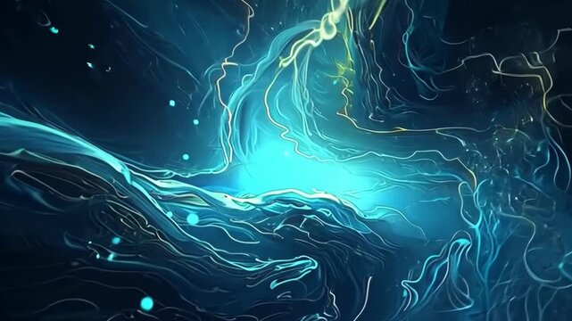 Artistic display of blue light patterns with flowing lines and shapes in a dark background at night