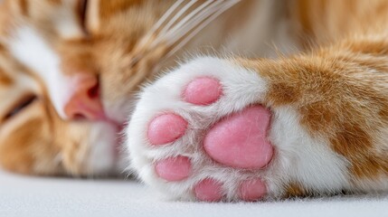 A cat is sleeping with its paw in focus, showcasing soft pink pads. The cat has orange fur with white markings. The scene takes place indoors in warm light