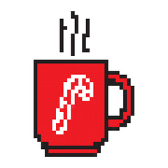 Christmas mug with hot drink and steam pixel art icon. Minimal cozy winter icon for Xmas cards, cafe menus, stickers and holiday designs. 8 bit vector illustration