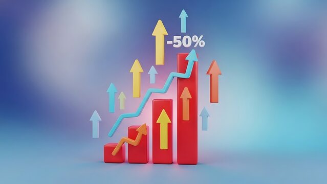 Business graph with arrows and percentage decrease on a blue background