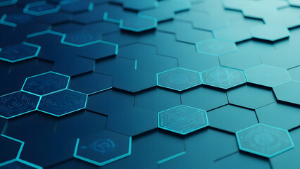Futuristic Blue Hexagonal Grid with Glowing Holographic Elements