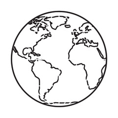 Minimalist line drawing of a globe showing continents and oceans from a global perspective.