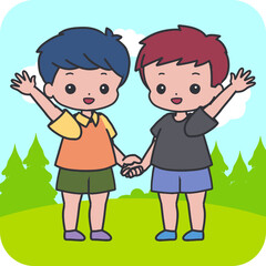 Cute Boys Handshake and Wave Hello Vector Art. Perfect for themes of friendship, greeting, school activities, children education materials, and happy kids character designs.