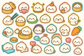 Fototapeta premium Cute kawaii dumplings in various outfits and activities with colorful accents.
