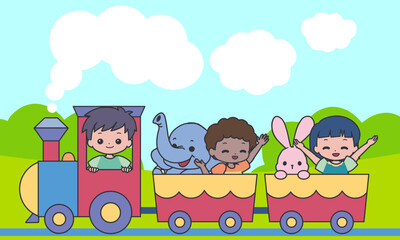 Playful Children and Animal Train Ride Vector. Perfect for children books, nursery decor, posters, classroom materials, stickers, party invitations, and educational design themes.