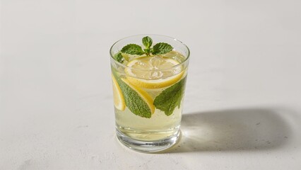 Fototapeta premium A glass of lemonade with lemon slices and mint leaves on a white surface. Refreshing drink concept. Beverages and citrus. The concept of freshness and hydration.